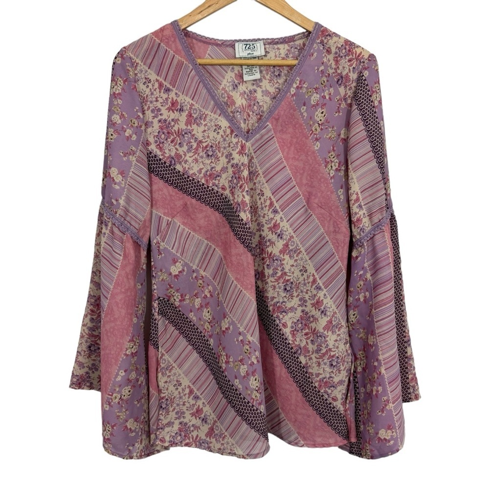 Vintage 725 Floral Top Womens 1X Purple Pastel Bell Sleeve Boho Long Sleeve EUC